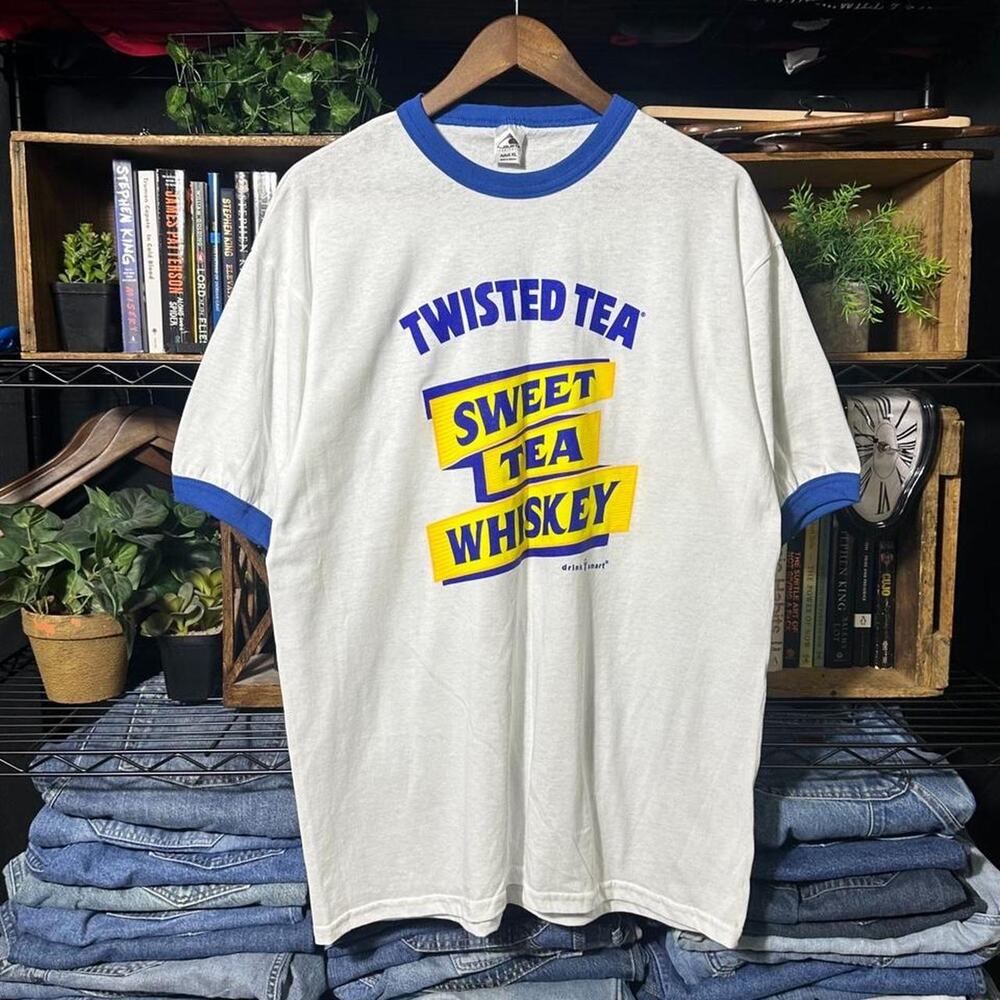 Vintage Y2K Twisted Tea Whiskey Ringer Tee Mens XL White and Blue Alcohol Shirt